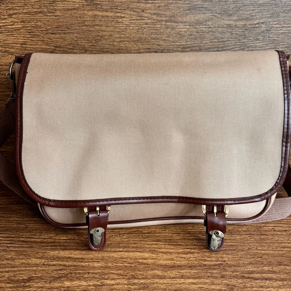 Vintage John Weitz Tan Canvas Messenger Bag Satchel Work Office Academia Preppy‎